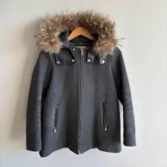 Sandro Paris Gray Wool Fur-Trimmed Hooded Winter Coat — French Luxury - Picture 4 of 10